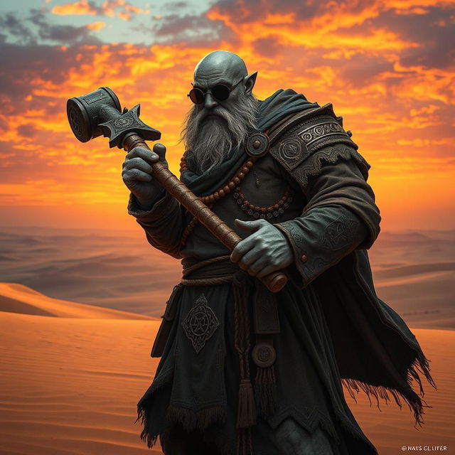 A Duergar cleric standing resolutely in an expansive desert landscape, gripping a heavy war hammer that is intricately designed with ancient symbols and a polished finish