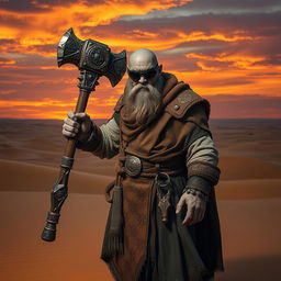 A Duergar cleric standing resolutely in an expansive desert landscape, gripping a heavy war hammer that is intricately designed with ancient symbols and a polished finish