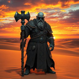 A Duergar cleric standing resolutely in an expansive desert landscape, gripping a heavy war hammer that is intricately designed with ancient symbols and a polished finish