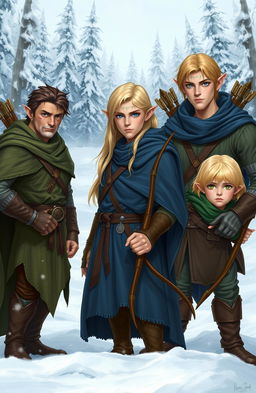 Three elves stand in the foreground of a snowy landscape