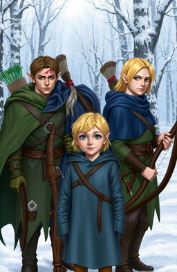 Three elves stand in the foreground of a snowy landscape