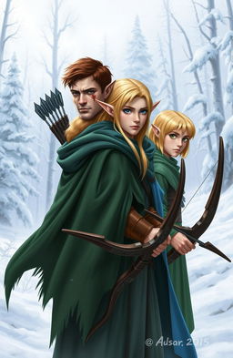 Three elves stand in the foreground of a snowy landscape