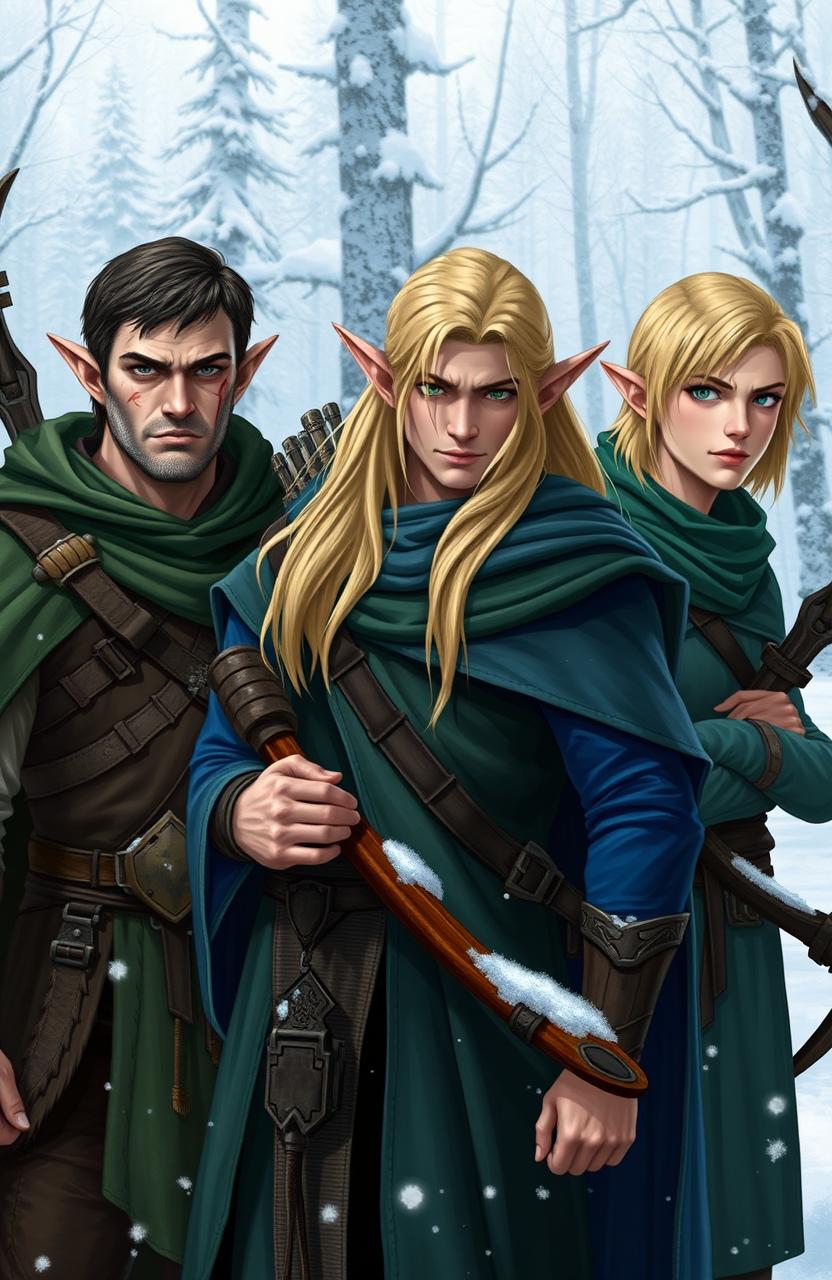 Three elves stand in the foreground of a snowy landscape