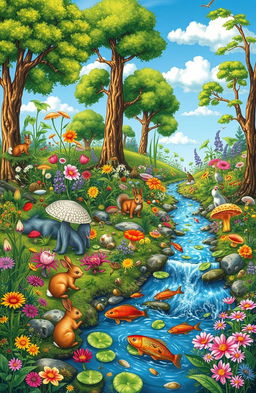 A detailed illustration of a vibrant, colorful ecosystem showcasing diverse biological organisms including various plants, animals, fungi, and microorganisms