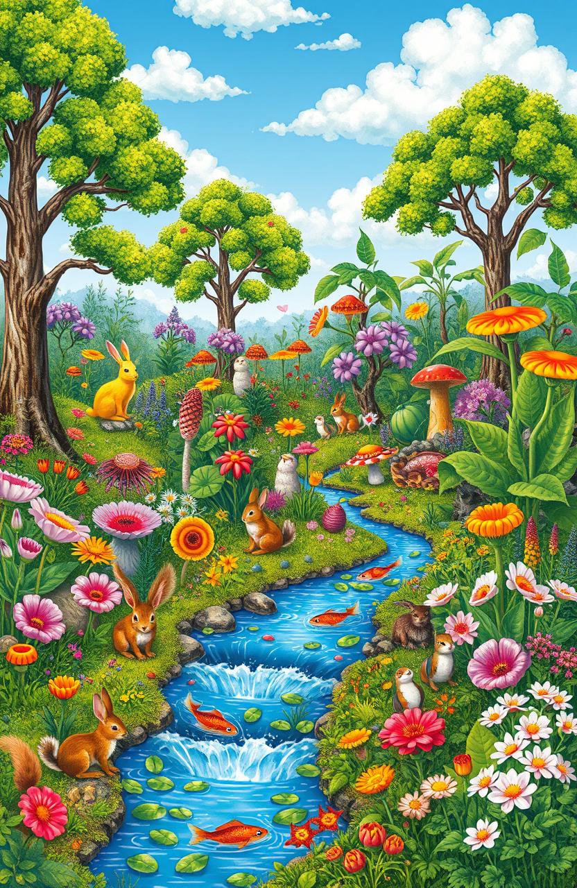 A detailed illustration of a vibrant, colorful ecosystem showcasing diverse biological organisms including various plants, animals, fungi, and microorganisms