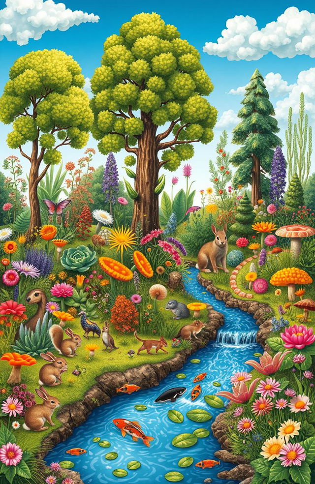 A detailed illustration of a vibrant, colorful ecosystem showcasing diverse biological organisms including various plants, animals, fungi, and microorganisms