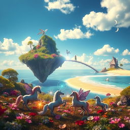 A surreal and vibrant landscape featuring an imaginary link, a bridge made of shimmering light connecting two floating islands in a bright blue sky
