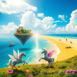 A surreal and vibrant landscape featuring an imaginary link, a bridge made of shimmering light connecting two floating islands in a bright blue sky