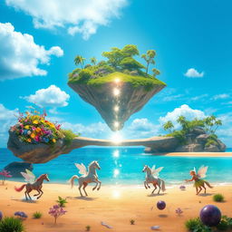 A surreal and vibrant landscape featuring an imaginary link, a bridge made of shimmering light connecting two floating islands in a bright blue sky