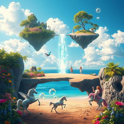 A surreal and vibrant landscape featuring an imaginary link, a bridge made of shimmering light connecting two floating islands in a bright blue sky