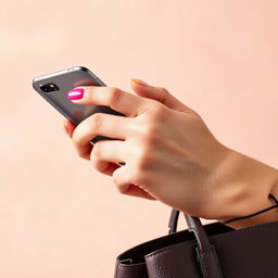 A close-up of a woman's hand holding a smartphone, elegantly positioned against a soft pastel background