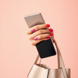 A close-up of a woman's hand holding a smartphone, elegantly positioned against a soft pastel background