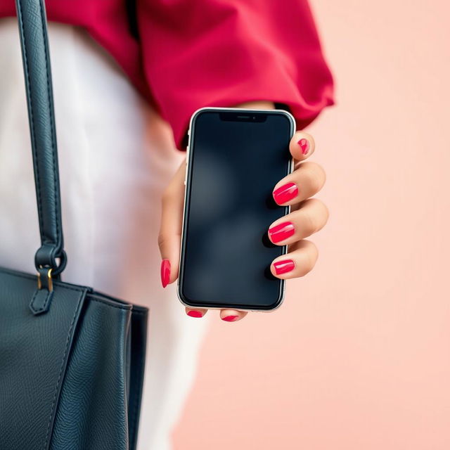 A close-up of a woman's hand holding a smartphone, elegantly positioned against a soft pastel background