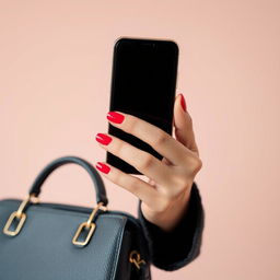 A close-up of a woman's hand holding a smartphone, elegantly positioned against a soft pastel background