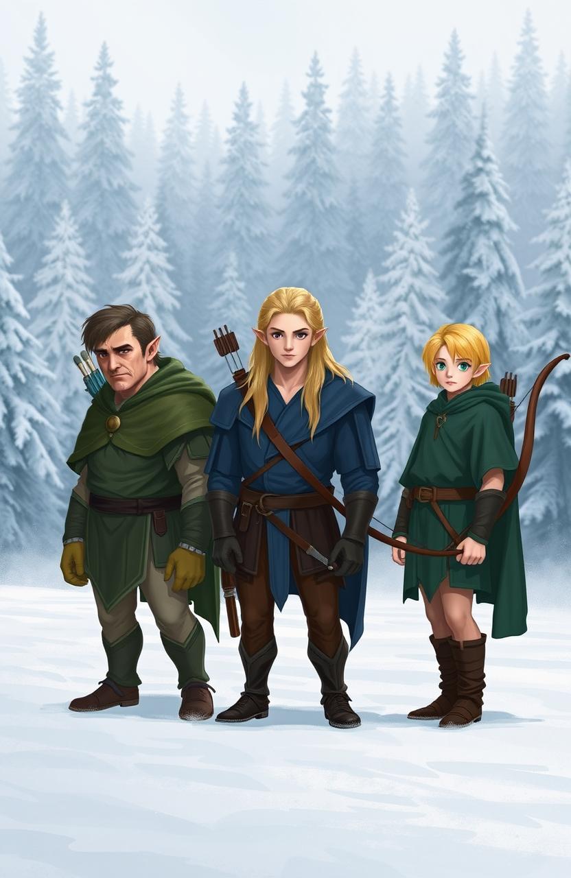 Three elves standing in the foreground