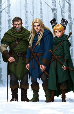 Three elves standing in the foreground