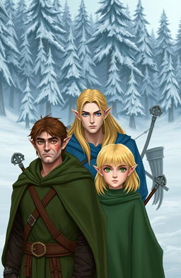 Three elves standing in the foreground