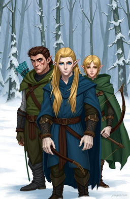 Three elves standing in the foreground