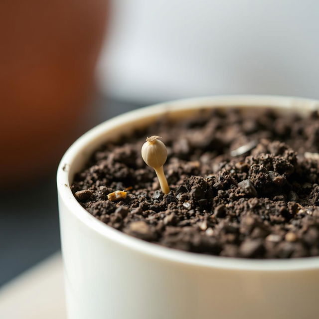 A simple container filled with dirt, showcasing one germinating seed breaking through the soil's surface