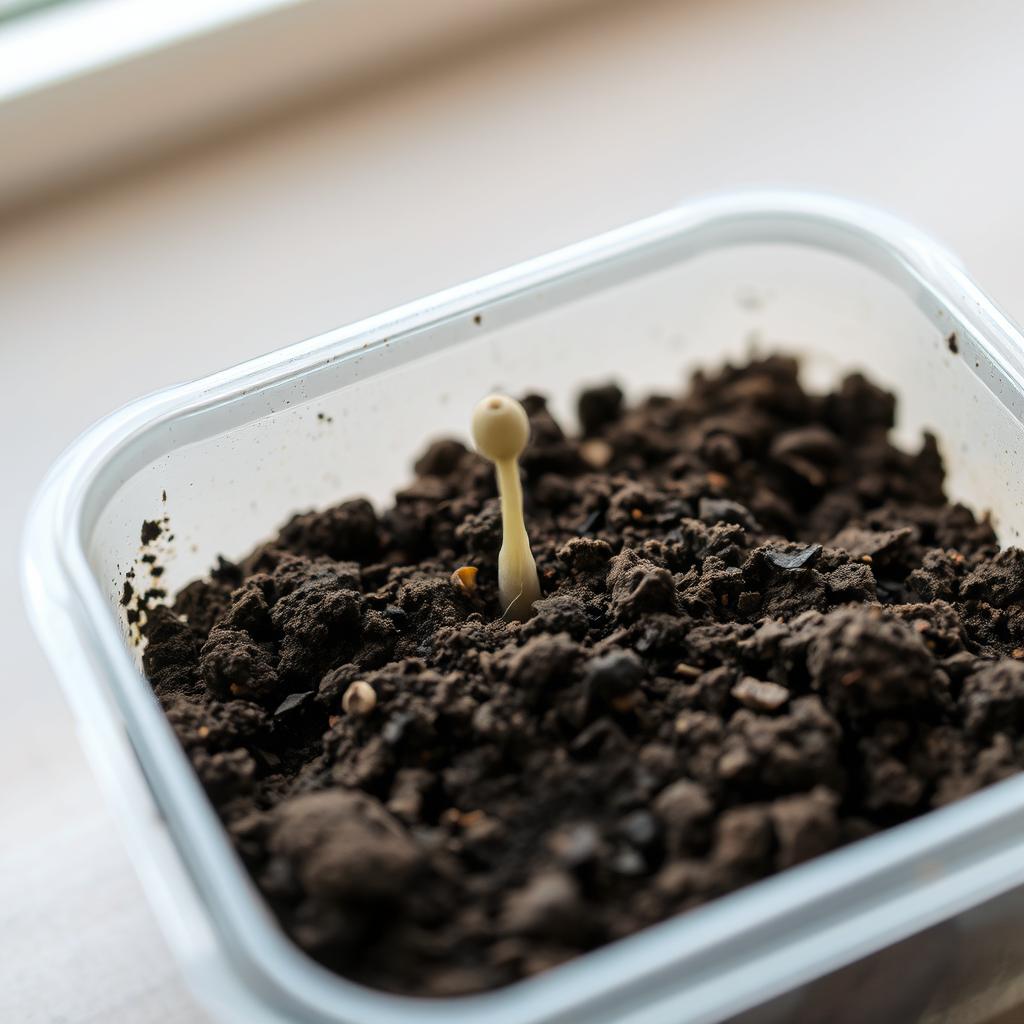 A simple container filled with dirt, showcasing one germinating seed breaking through the soil's surface