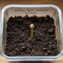 A simple container filled with dirt, showcasing one germinating seed breaking through the soil's surface