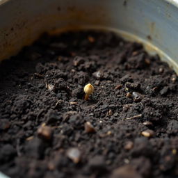A simple container filled with dirt, showcasing one germinating seed breaking through the soil's surface