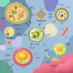 An engaging and informative illustration depicting the concept of cell biology, showcasing various types of cells, including plant cells, animal cells, and bacterial cells