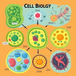 An engaging and informative illustration depicting the concept of cell biology, showcasing various types of cells, including plant cells, animal cells, and bacterial cells