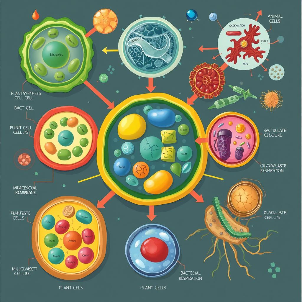 An engaging and informative illustration depicting the concept of cell biology, showcasing various types of cells, including plant cells, animal cells, and bacterial cells