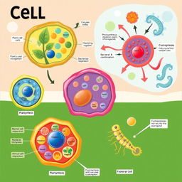 An engaging and informative illustration depicting the concept of cell biology, showcasing various types of cells, including plant cells, animal cells, and bacterial cells