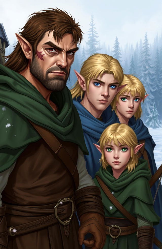 Three elves in the foreground: a robust, older male elf with short brown hair, brown eyes, and a scar on the left side of his face, wearing a green cloak; the second elf is a strong male with long blonde hair and striking blue eyes shining from his fair skin, clad in a blue cloak; the third elf is a smaller male with shoulder-length blonde hair, his greenish eyes often partially hidden behind his hair, also wearing a green cloak