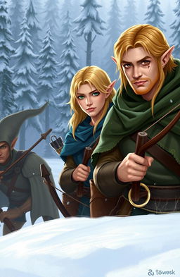 Three elves in the foreground: a robust, older male elf with short brown hair, brown eyes, and a scar on the left side of his face, wearing a green cloak; the second elf is a strong male with long blonde hair and striking blue eyes shining from his fair skin, clad in a blue cloak; the third elf is a smaller male with shoulder-length blonde hair, his greenish eyes often partially hidden behind his hair, also wearing a green cloak