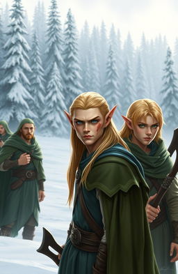 Three elves in the foreground: a robust, older male elf with short brown hair, brown eyes, and a scar on the left side of his face, wearing a green cloak; the second elf is a strong male with long blonde hair and striking blue eyes shining from his fair skin, clad in a blue cloak; the third elf is a smaller male with shoulder-length blonde hair, his greenish eyes often partially hidden behind his hair, also wearing a green cloak