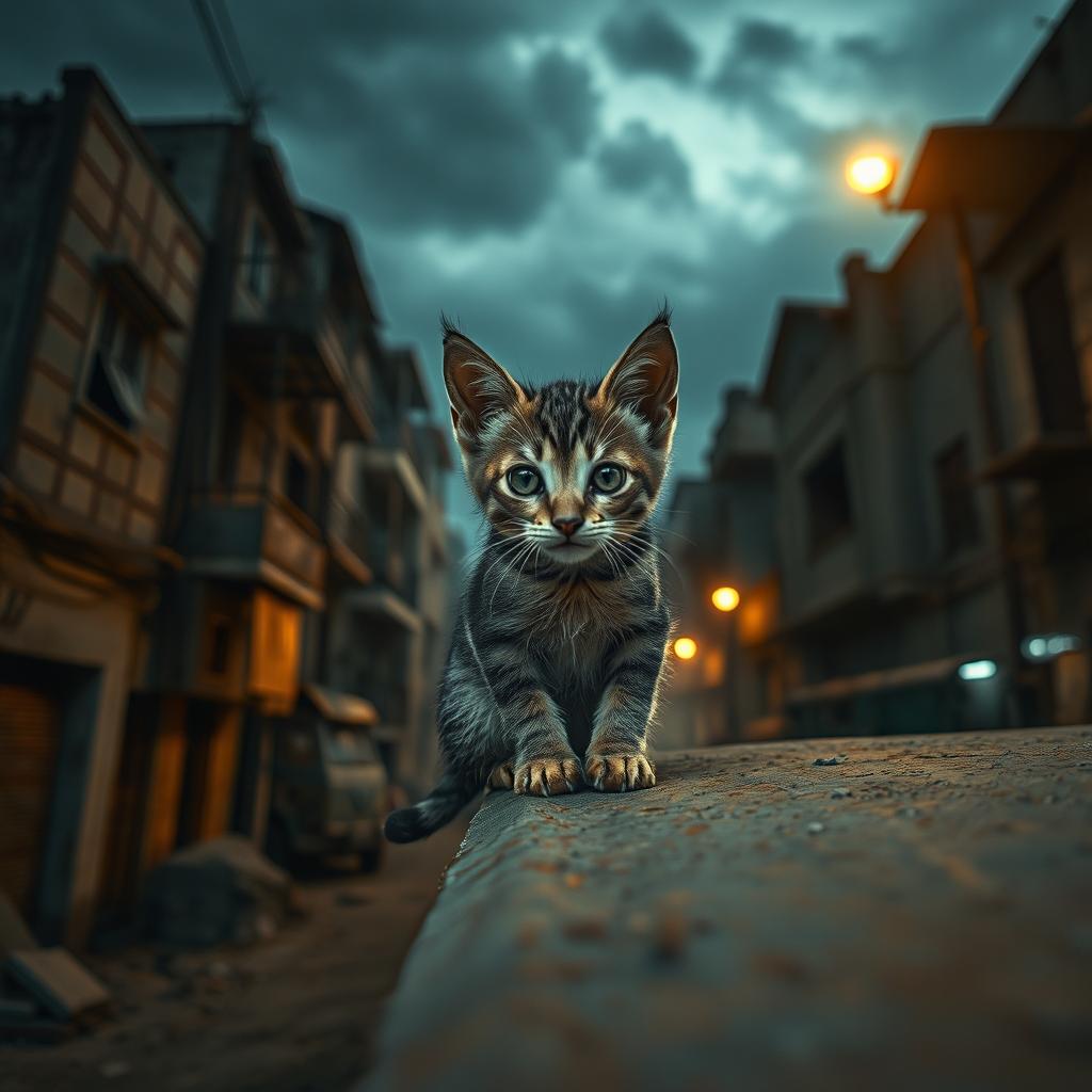 A curious young cat named Muneer, with detailed fur texture, sitting on the edge of a dusty truck, in a dark, eerie neighborhood of Chennai