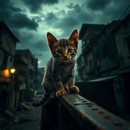 A curious young cat named Muneer, with detailed fur texture, sitting on the edge of a dusty truck, in a dark, eerie neighborhood of Chennai
