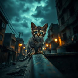 A curious young cat named Muneer, with detailed fur texture, sitting on the edge of a dusty truck, in a dark, eerie neighborhood of Chennai