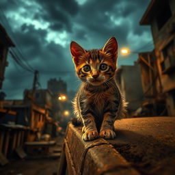 A curious young cat named Muneer, with detailed fur texture, sitting on the edge of a dusty truck, in a dark, eerie neighborhood of Chennai