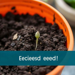 A simple orange container filled with dirt, featuring one germinating seed pushing through the soil