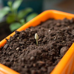 A simple orange container filled with dirt, featuring one germinating seed pushing through the soil