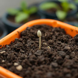 A simple orange container filled with dirt, featuring one germinating seed pushing through the soil