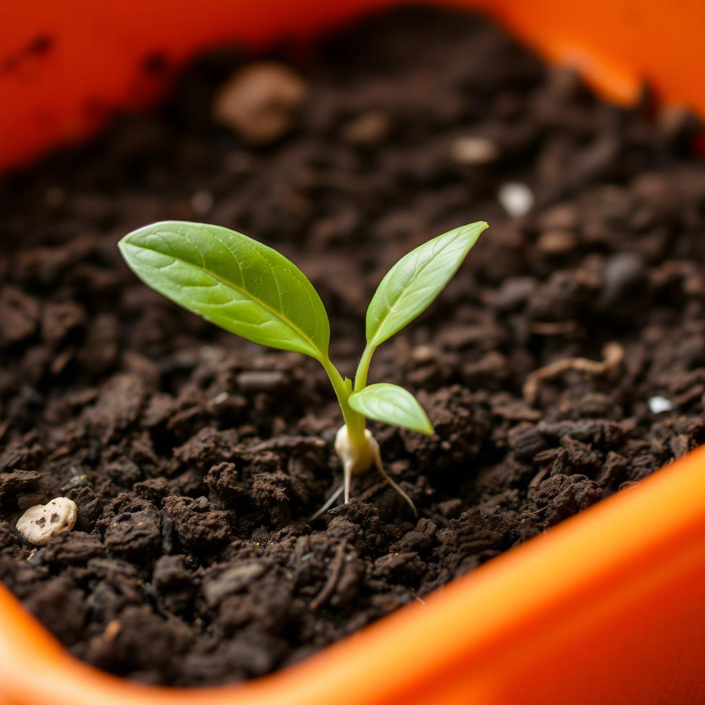 A simple orange container filled with dirt, featuring one germinating seed pushing through the soil