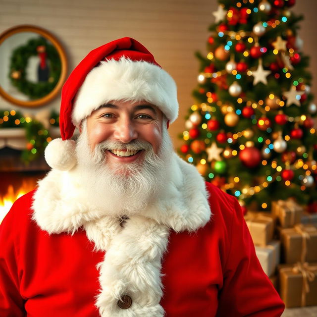 A cheerful man dressed in a classic Santa Claus outfit, complete with a bright red coat, white fur trim, and a matching Santa hat