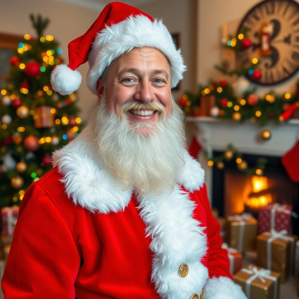 A cheerful man dressed in a classic Santa Claus outfit, complete with a bright red coat, white fur trim, and a matching Santa hat