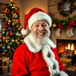 A cheerful man dressed in a classic Santa Claus outfit, complete with a bright red coat, white fur trim, and a matching Santa hat