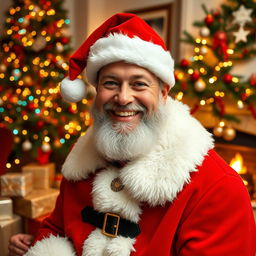 A cheerful man dressed in a classic Santa Claus outfit, complete with a bright red coat, white fur trim, and a matching Santa hat