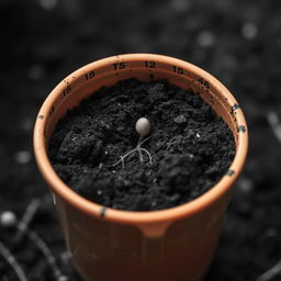 A black and white image of a simple orange container filled with dirt, featuring one germinating seed emerging from the soil