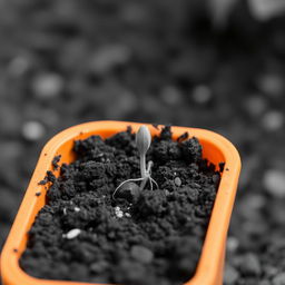 A black and white image of a simple orange container filled with dirt, featuring one germinating seed emerging from the soil