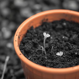 A black and white image of a simple orange container filled with dirt, featuring one germinating seed emerging from the soil