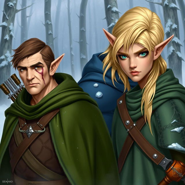 Three elves in the foreground: a strong, older male elf with short brown hair, brown eyes, and a scar on his left cheek, wearing a green cloak; the second elf is a robust male with long blonde hair and bright blue eyes that stand out from his fair complexion, adorned in a blue cloak; the third elf is a smaller male with shoulder-length blonde hair, his greenish eyes often partially hidden behind his hair, also wearing a green cloak