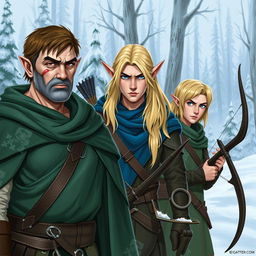 Three elves in the foreground: a strong, older male elf with short brown hair, brown eyes, and a scar on his left cheek, wearing a green cloak; the second elf is a robust male with long blonde hair and bright blue eyes that stand out from his fair complexion, adorned in a blue cloak; the third elf is a smaller male with shoulder-length blonde hair, his greenish eyes often partially hidden behind his hair, also wearing a green cloak